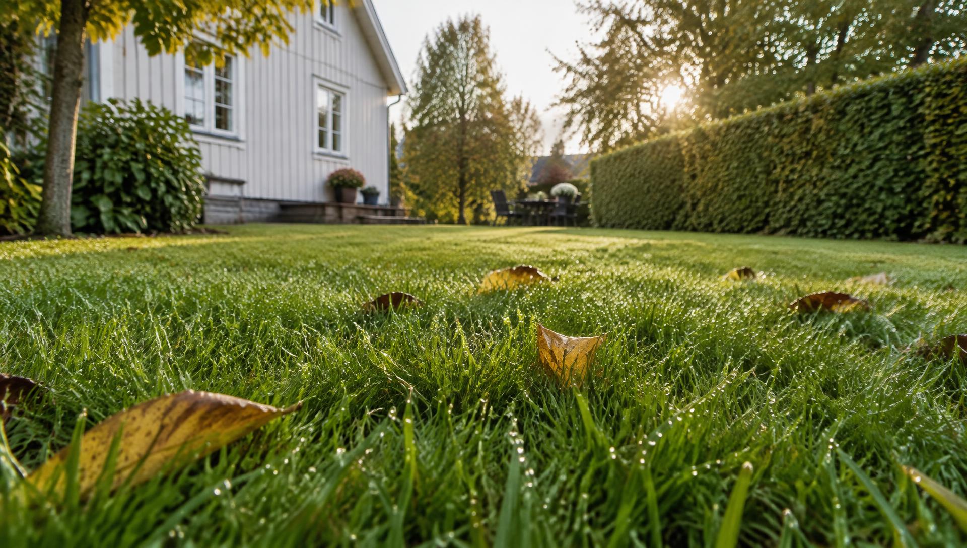 Tät, grön gräsmatta i en svensk villaträdgård en höstmorgon